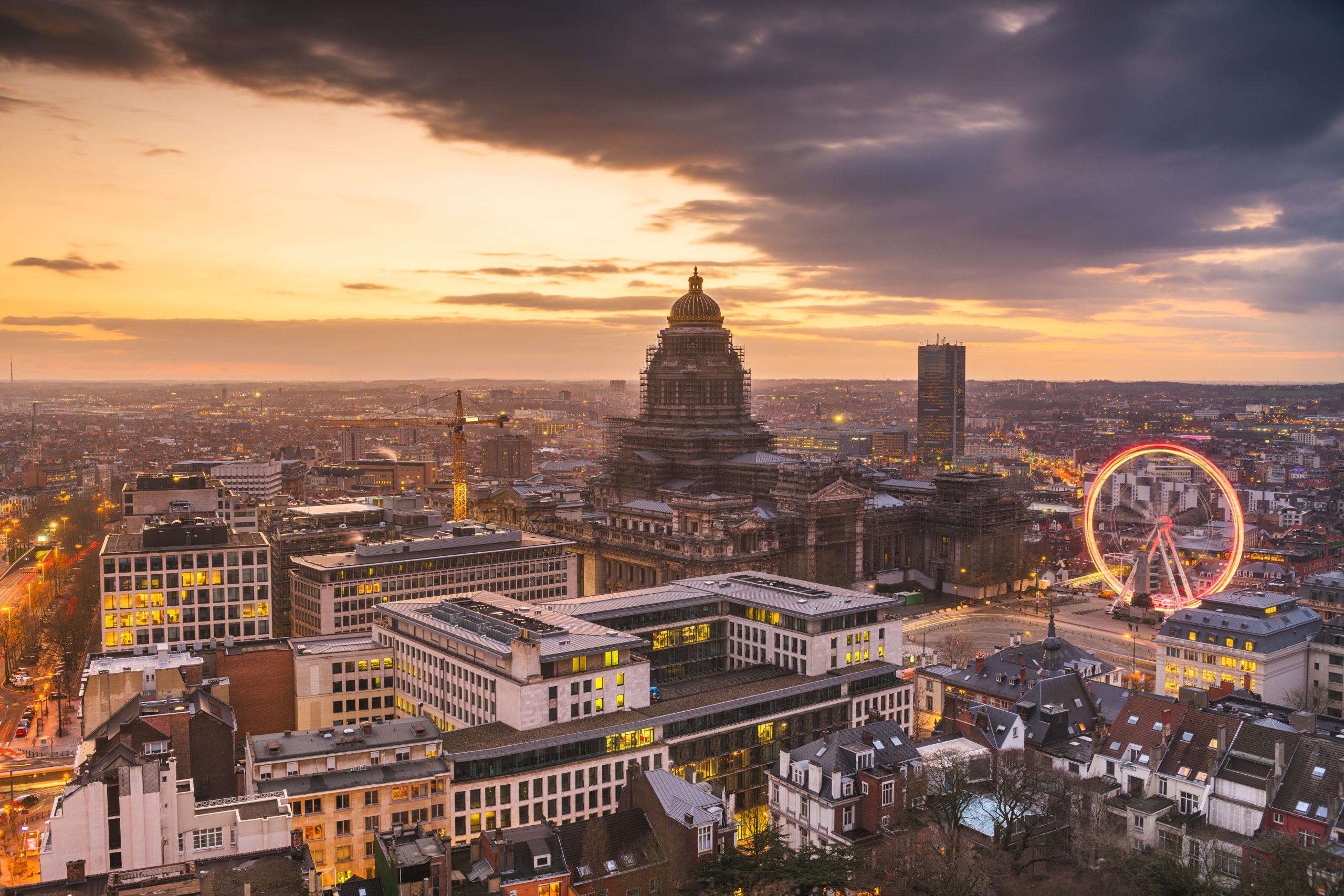 Brussels, Belgium cityscape at Palais de Justice during dusk.