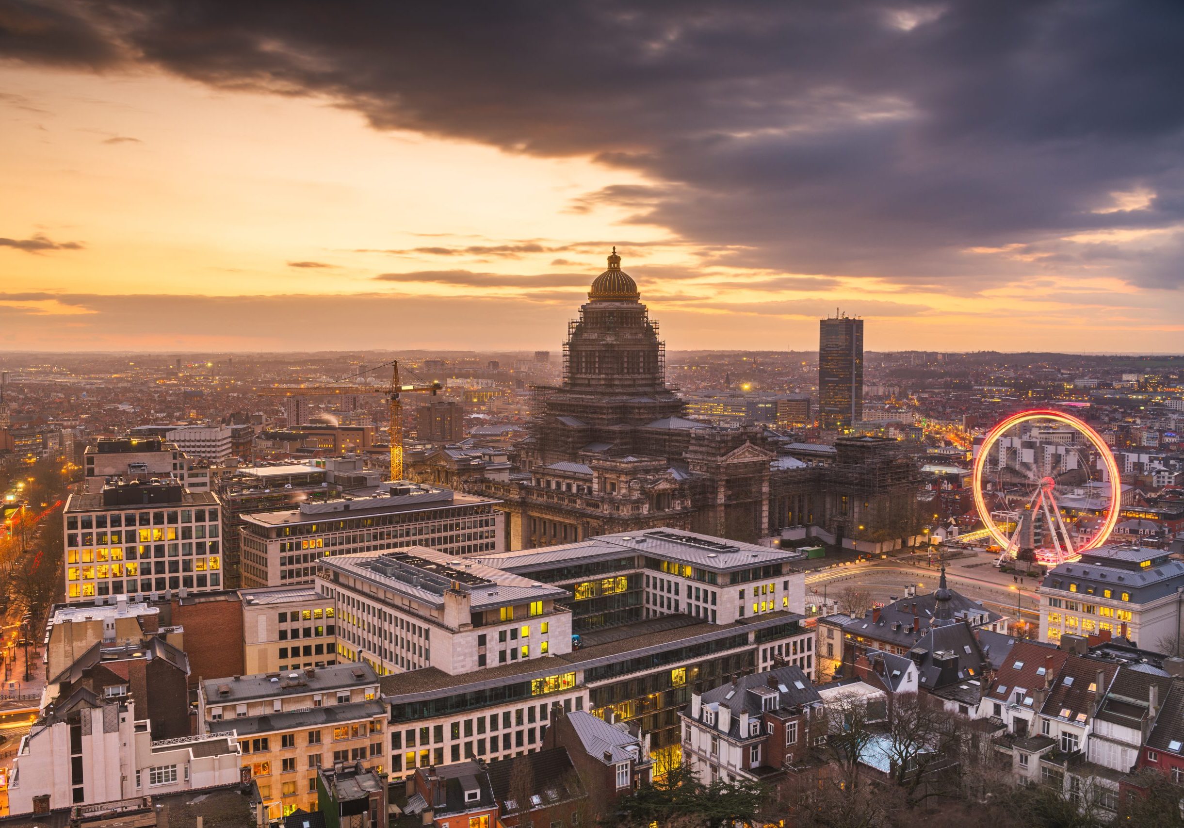 Brussels, Belgium cityscape at Palais de Justice during dusk.